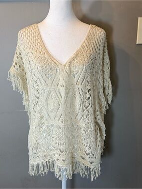 Windsor Open-Knit Fringe Sweater Top - Cream